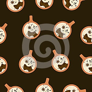 Seamless pattern with orange cup of coffee with cream and cinnamon on brown background.